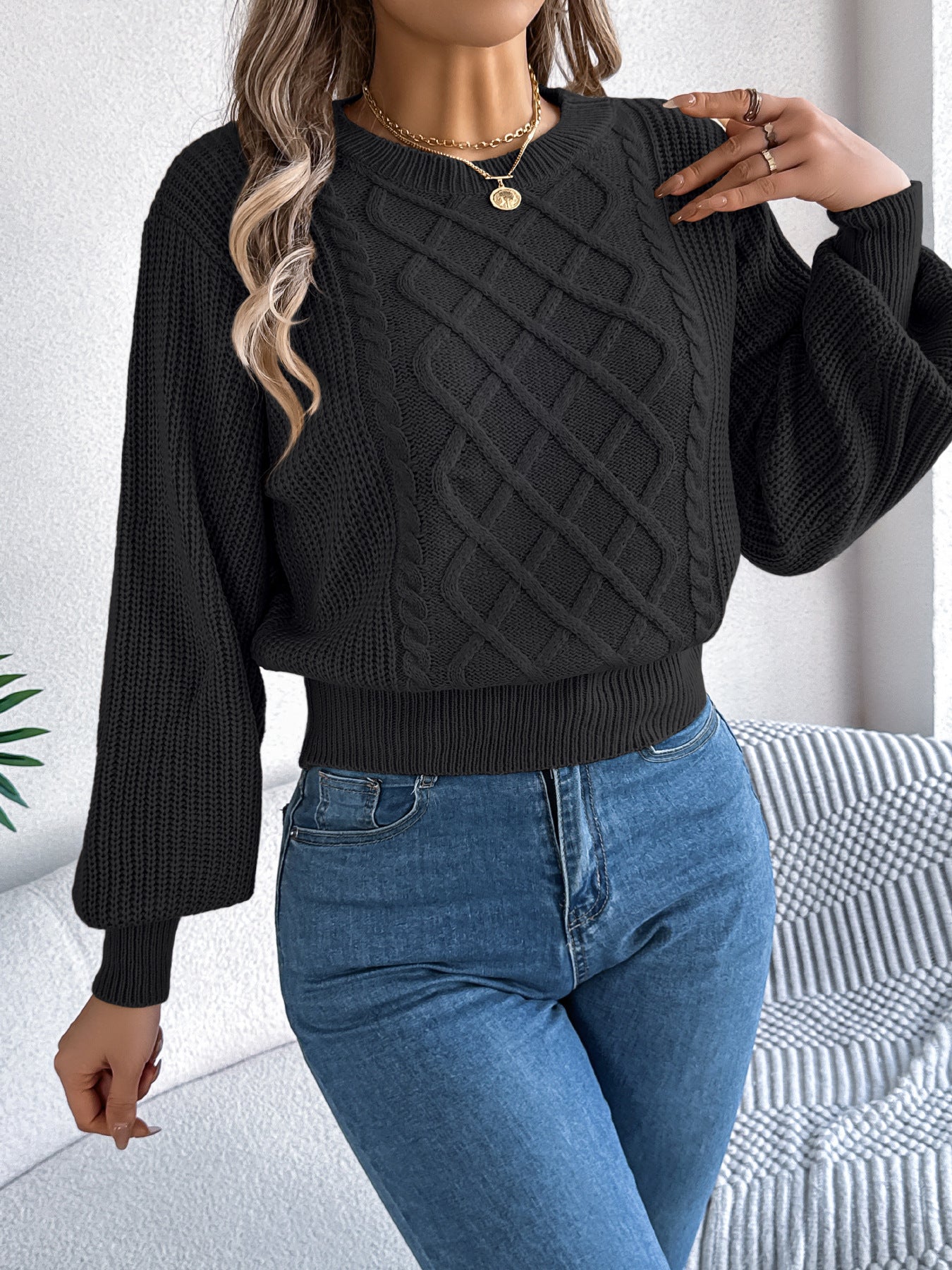 Solid Color Twist Lantern Long Sleeve Fitted Waist Sweater Women's Clothing