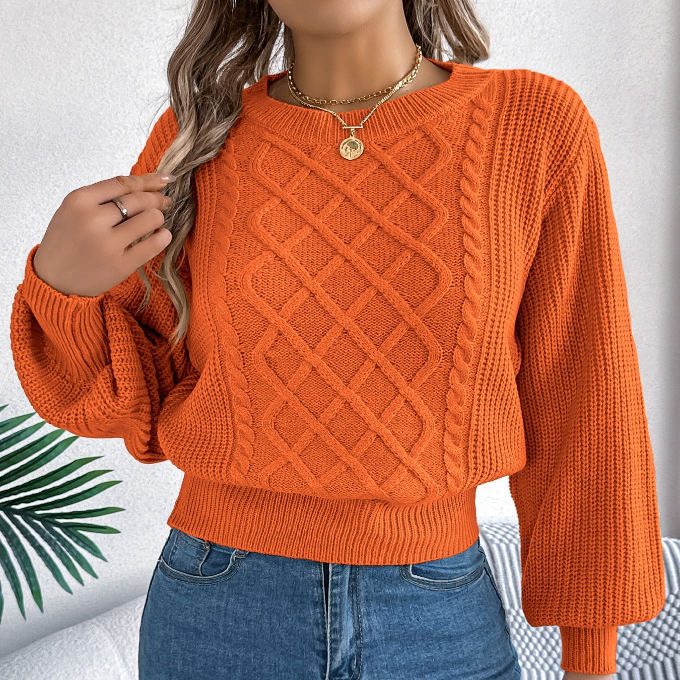 Solid Color Twist Lantern Long Sleeve Fitted Waist Sweater Women's Clothing