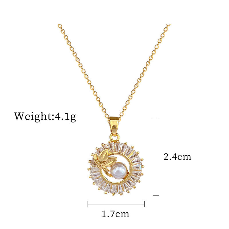Fashion Jewelry Square Full Diamond Personalized Round Ring Leaves Necklace